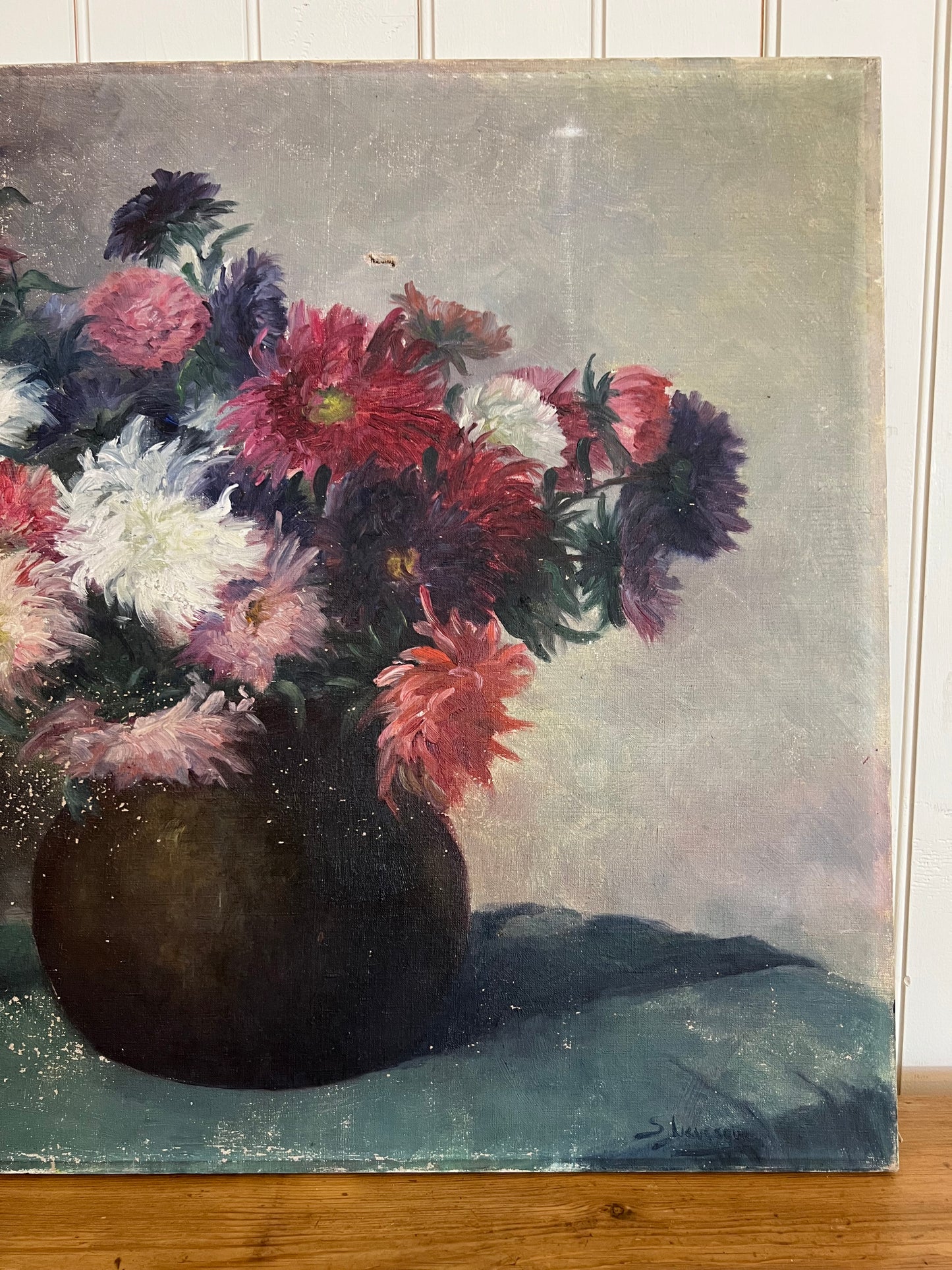 Oil on Canvas Dahlia Bouquet Purple