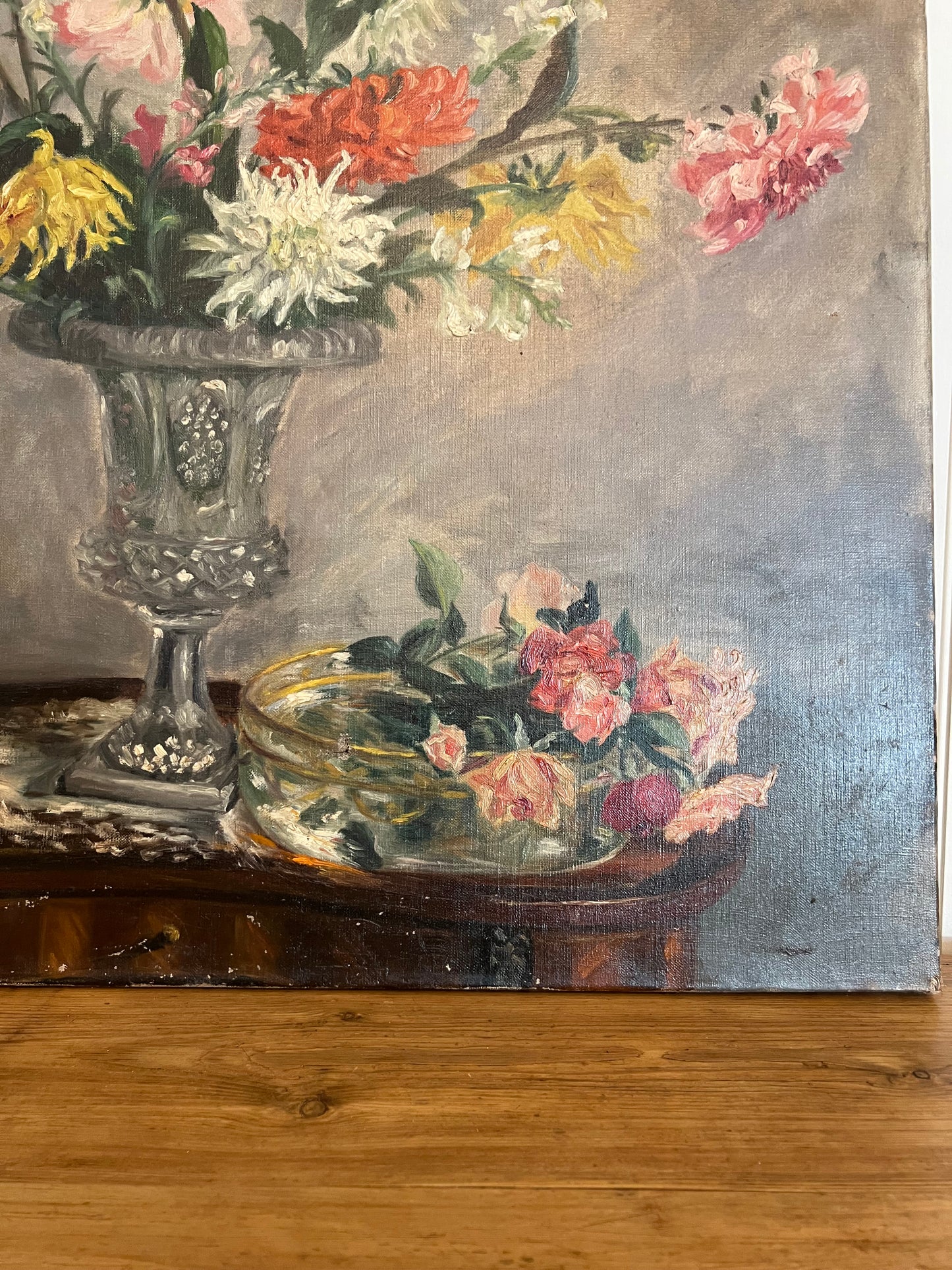 Oil on Canvas Dahlia Bouquet Pink/Red