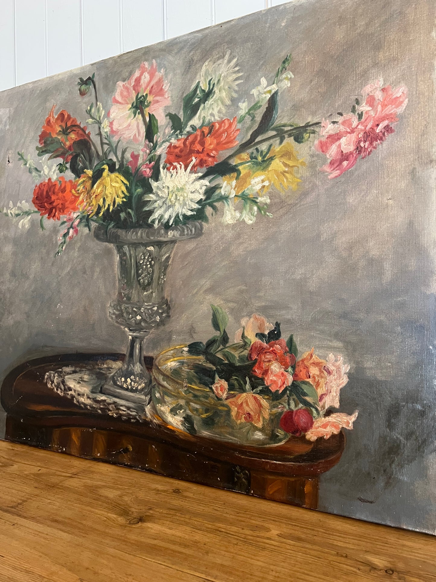 Oil on Canvas Dahlia Bouquet Pink/Red