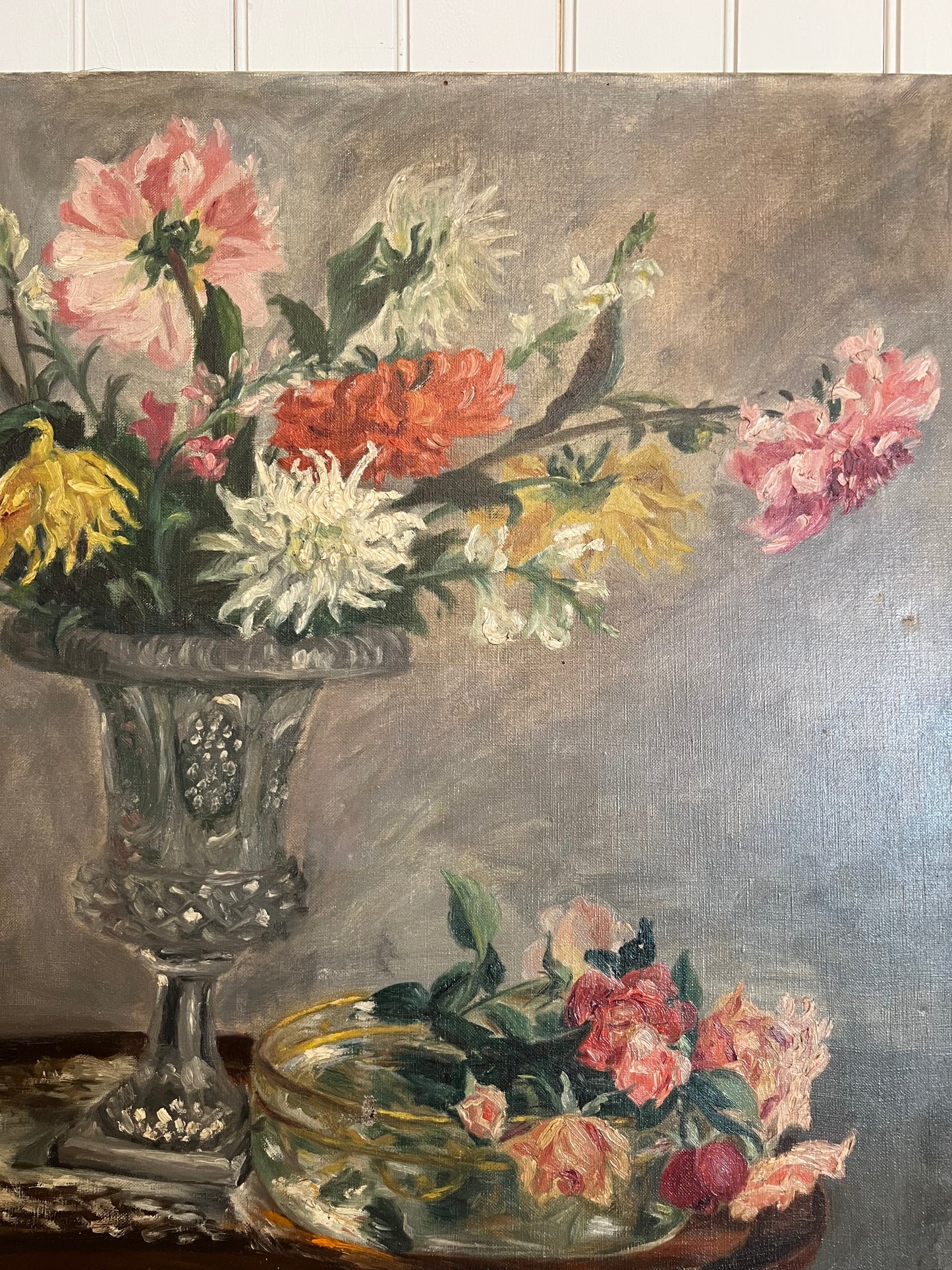 Oil on Canvas Dahlia Bouquet Pink/Red