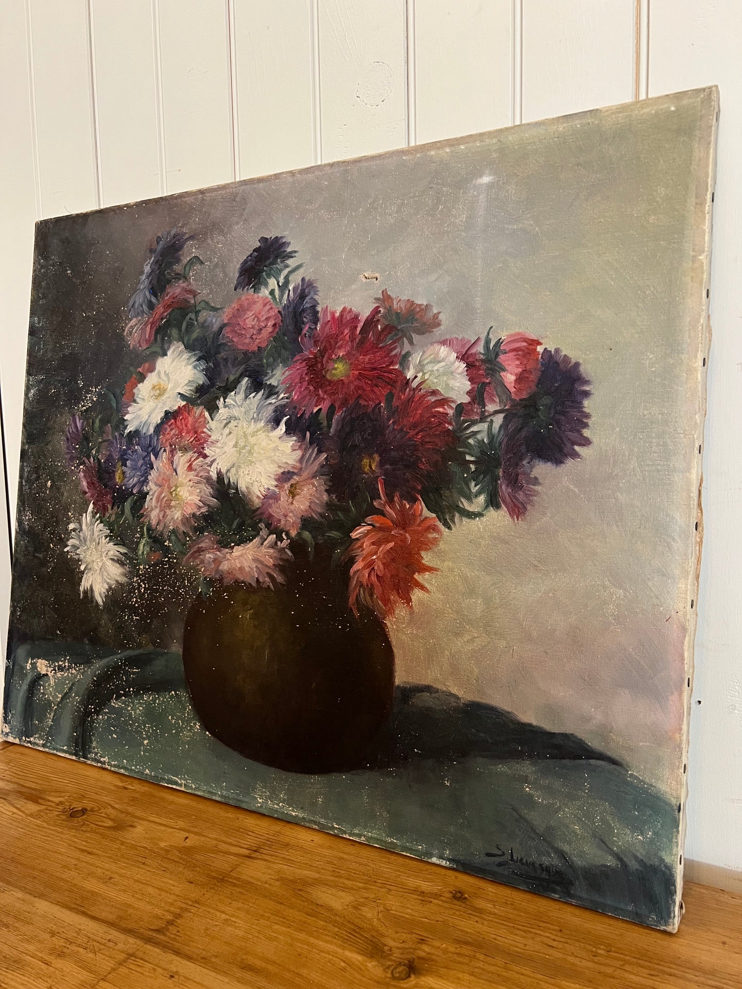 Oil on Canvas Dahlia Bouquet Purple