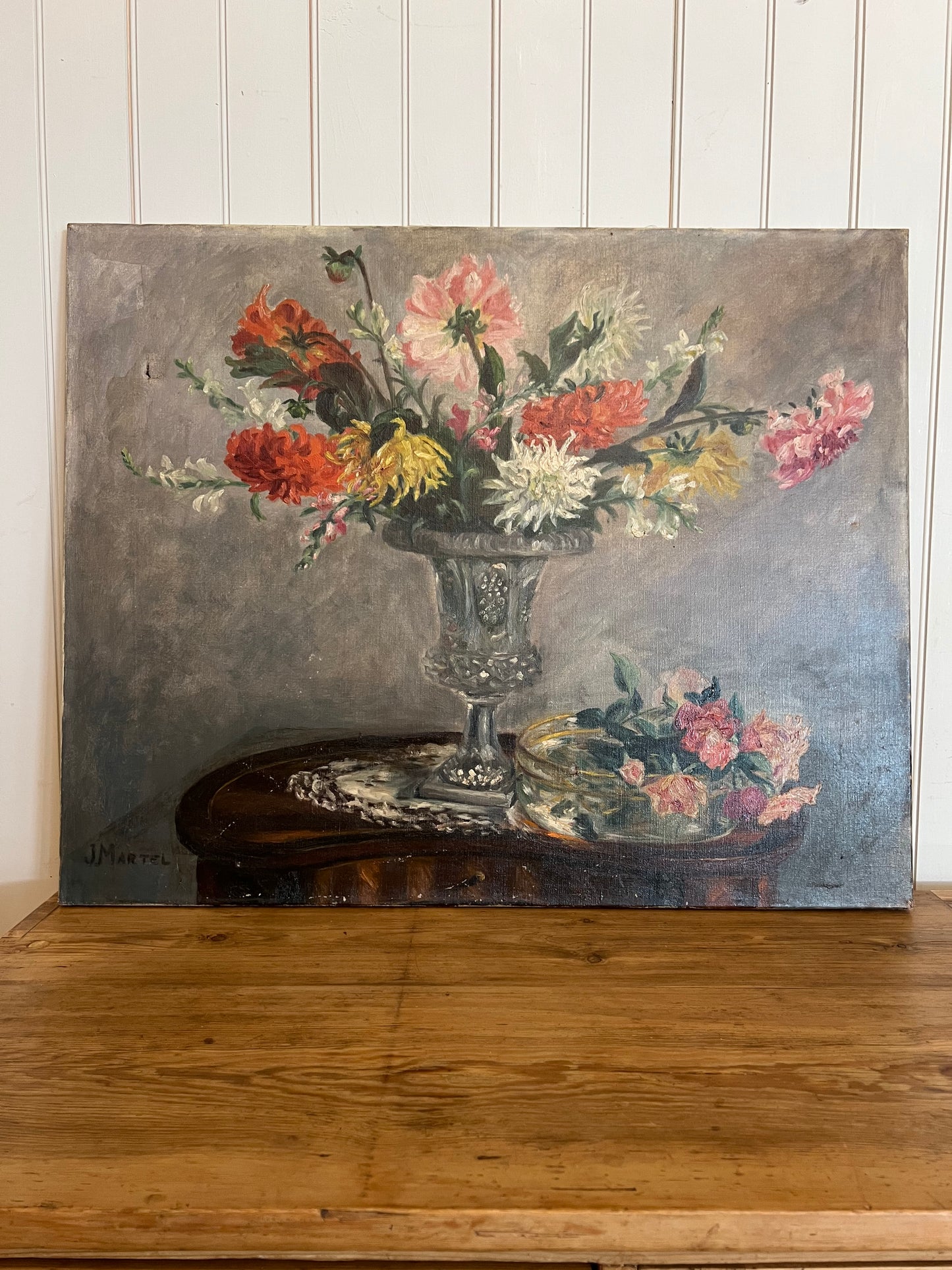 Oil on Canvas Dahlia Bouquet Pink/Red