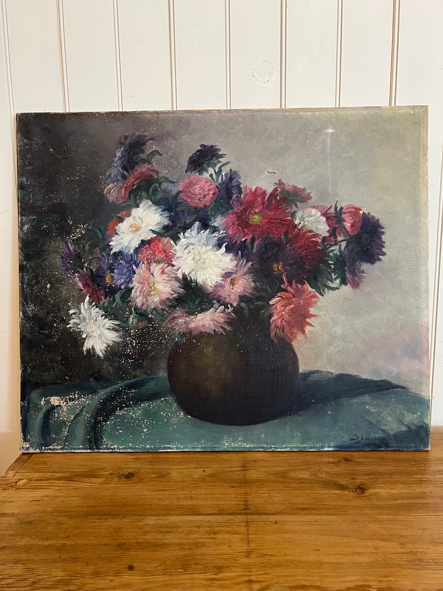 Oil on Canvas Dahlia Bouquet Purple