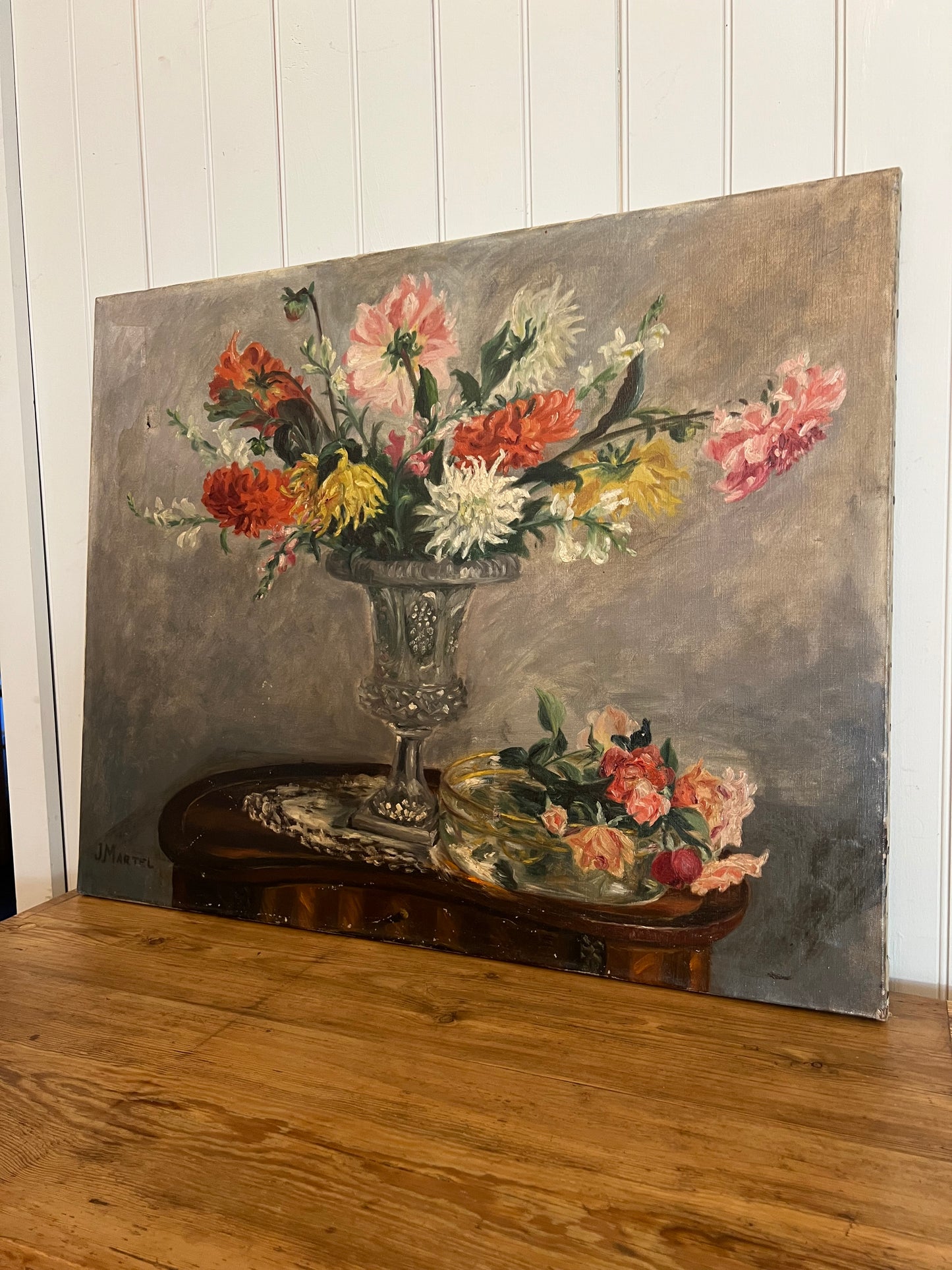 Oil on Canvas Dahlia Bouquet Pink/Red
