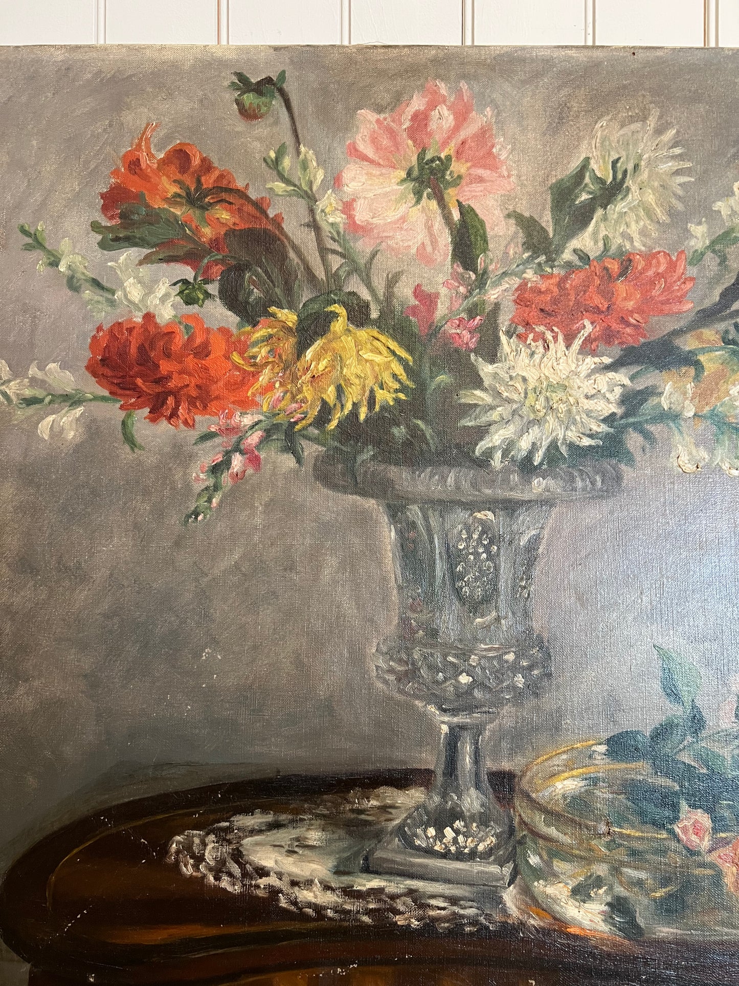 Oil on Canvas Dahlia Bouquet Pink/Red