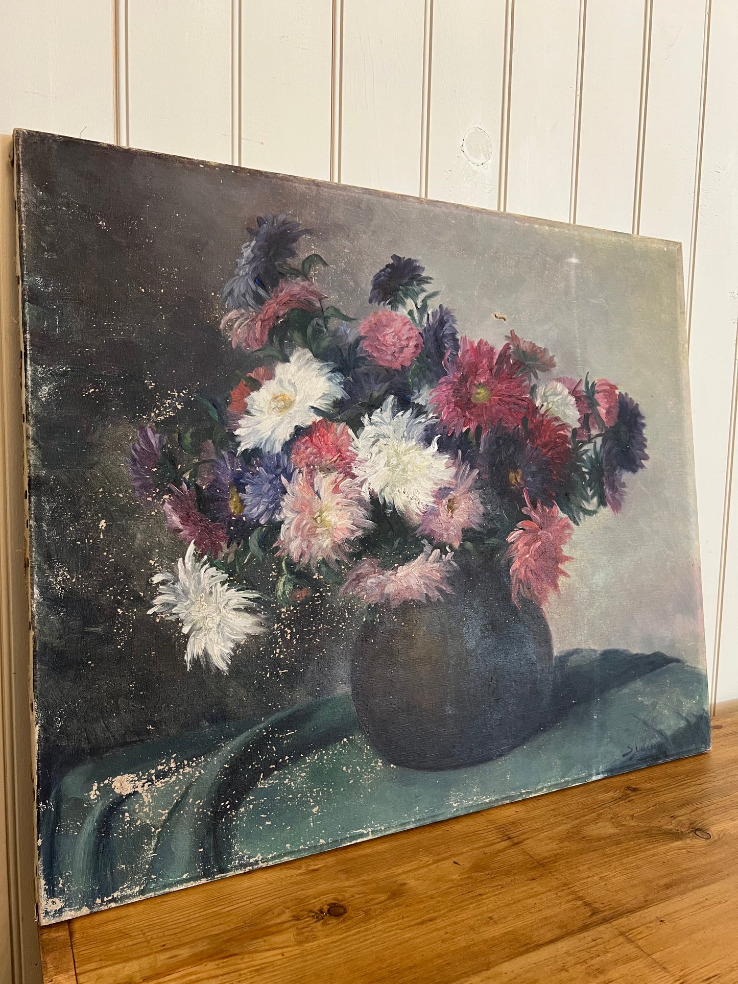 Oil on Canvas Dahlia Bouquet Purple