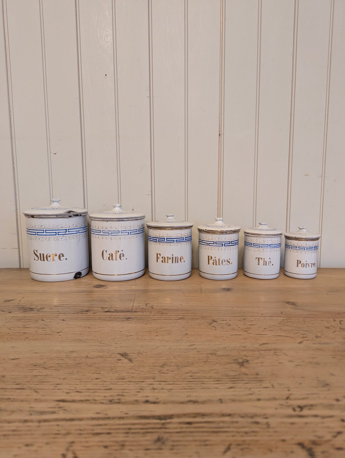 6 French Enamel Canisters - White/Blue