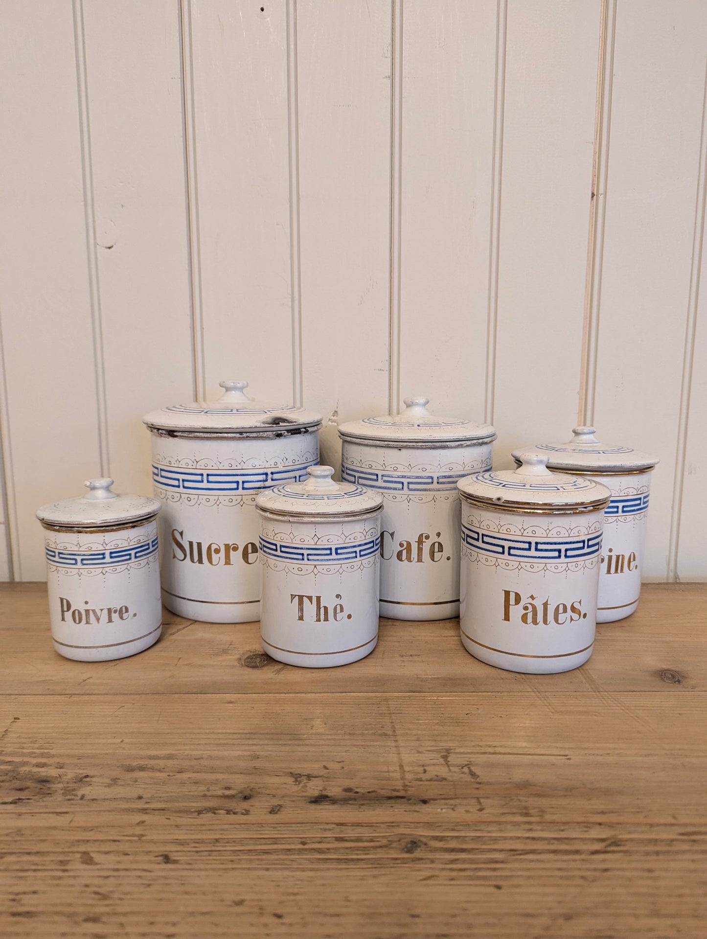 6 French Enamel Canisters - White/Blue
