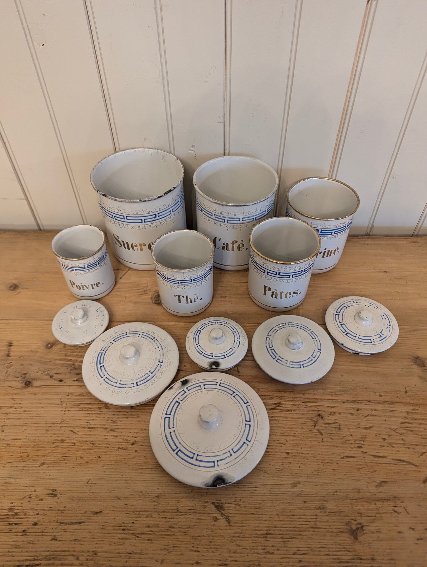 6 French Enamel Canisters - White/Blue