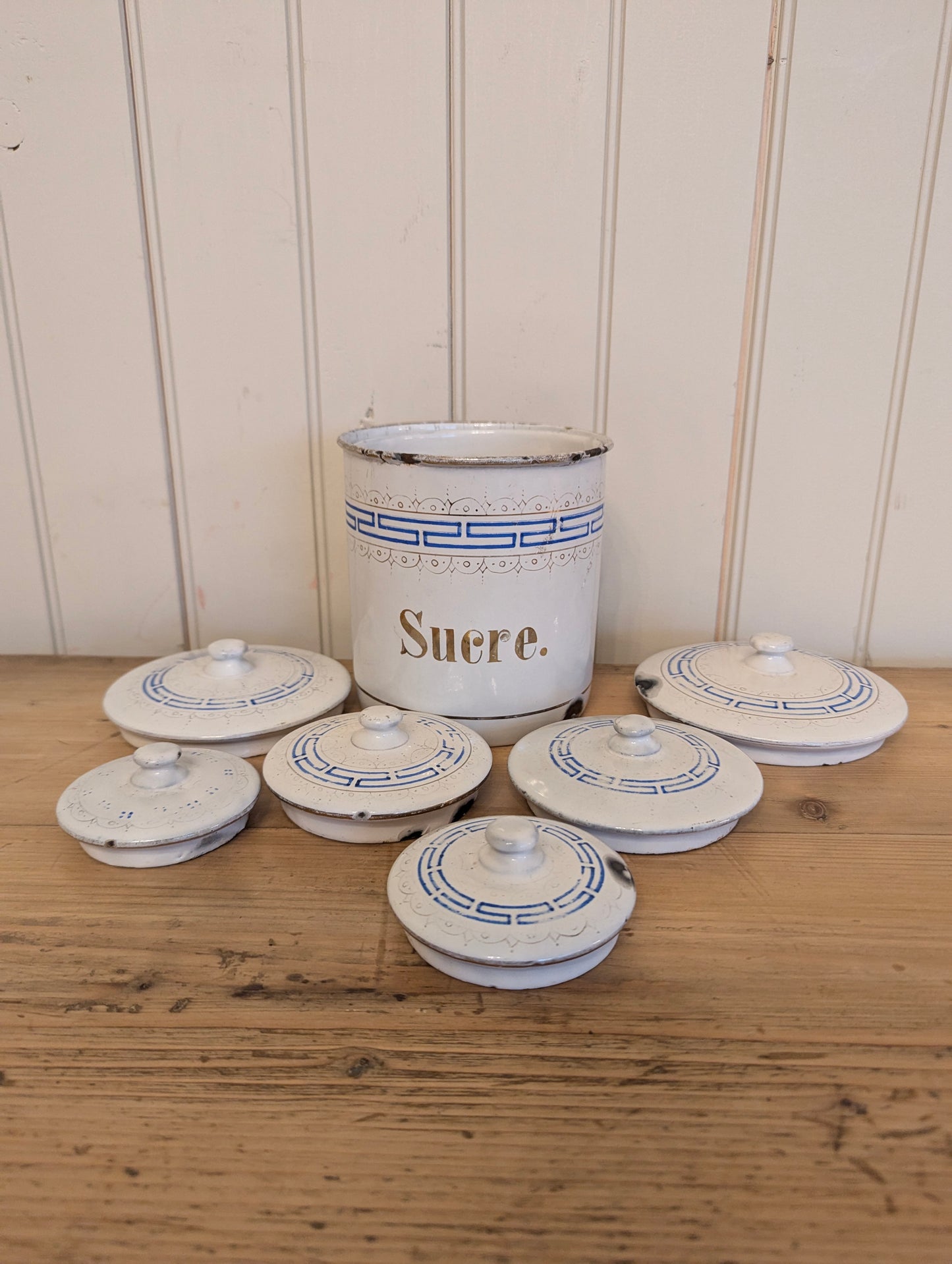 6 French Enamel Canisters - White/Blue