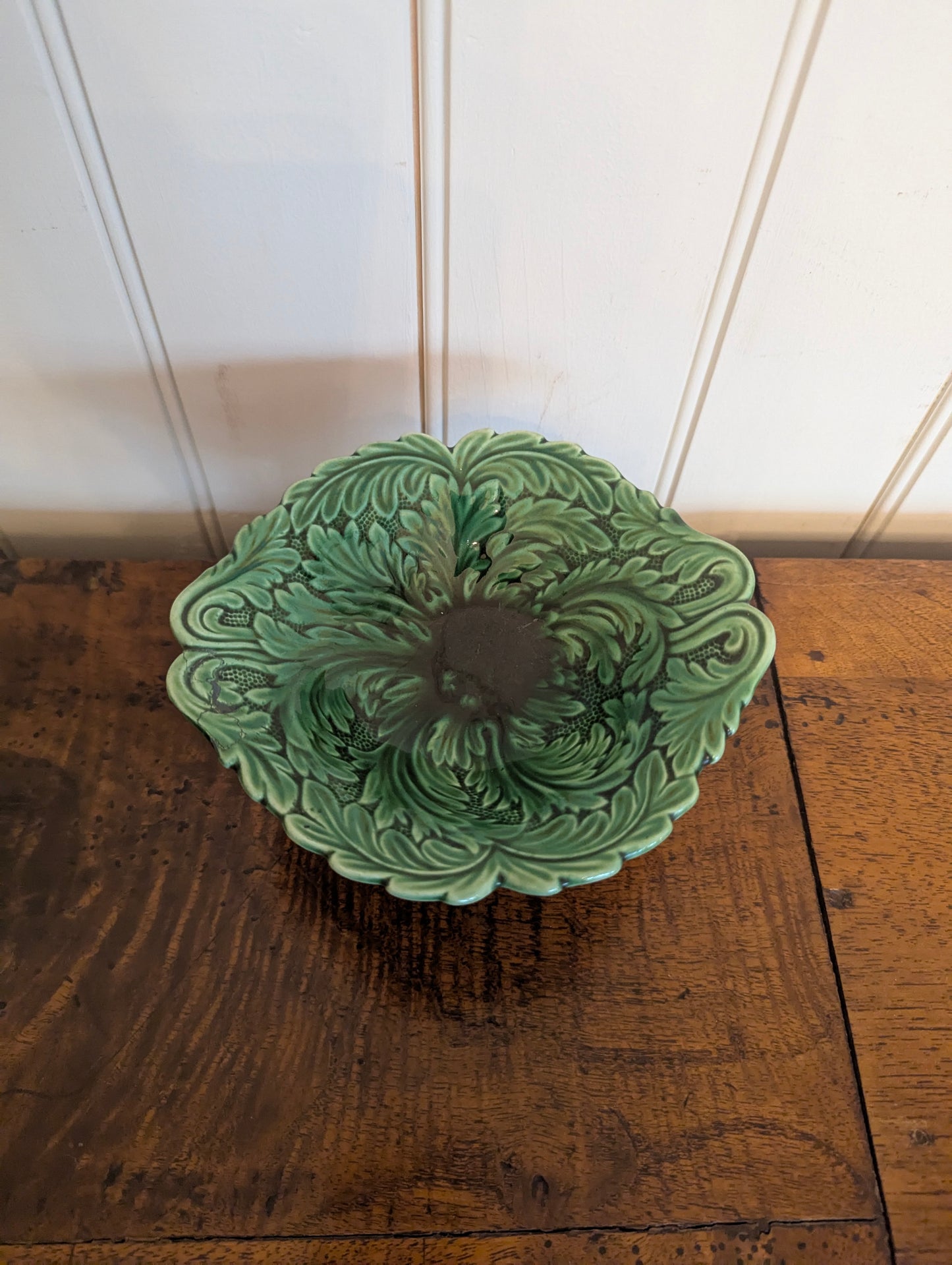 Small Green Majolica Pedestal Dish