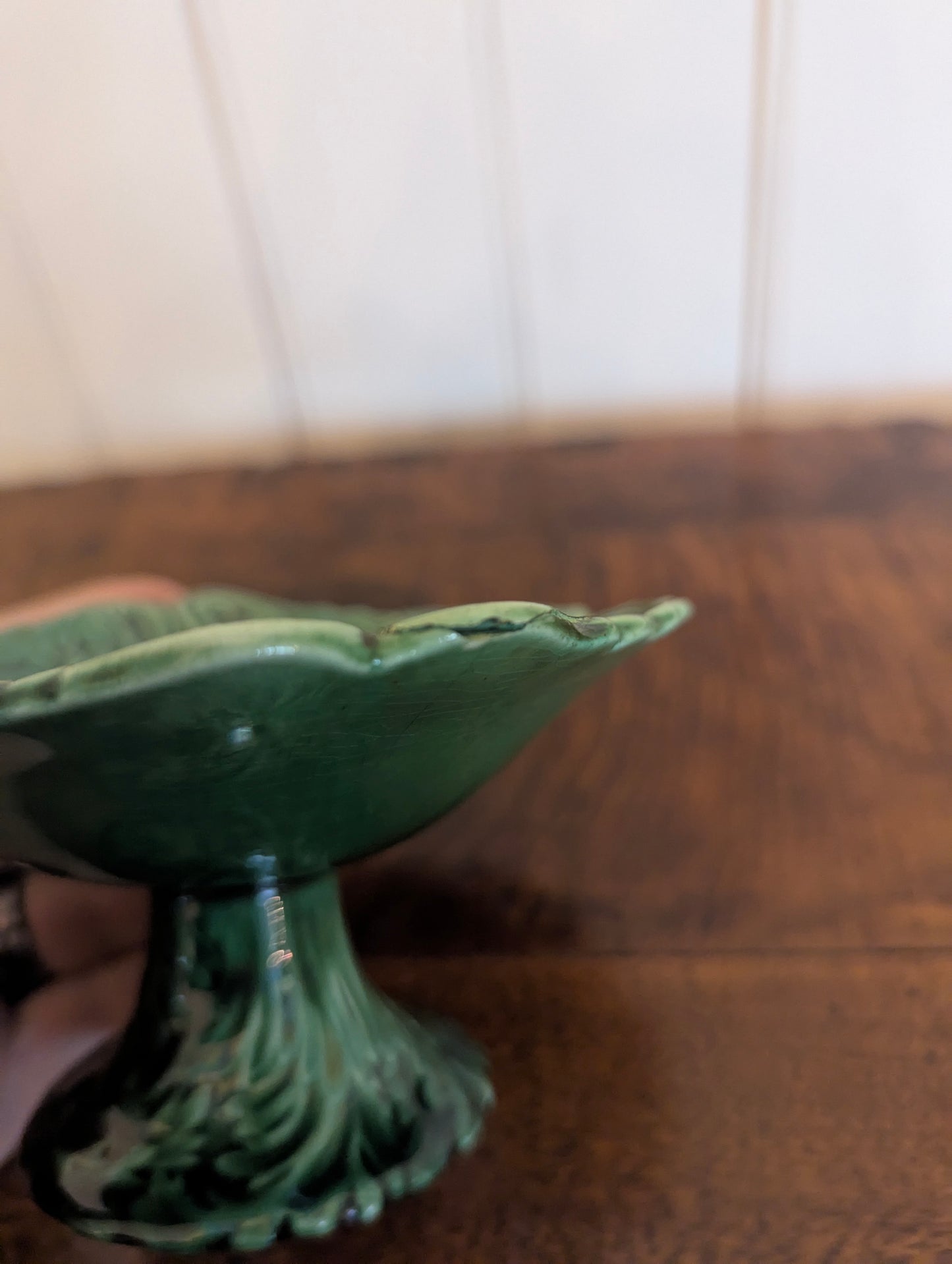 Small Green Majolica Pedestal Dish