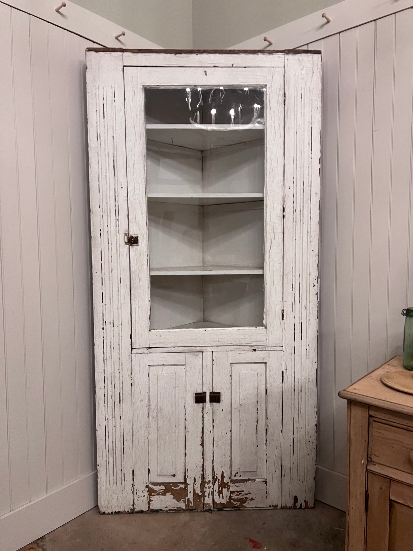 Antique Chippy White Corner Hutch