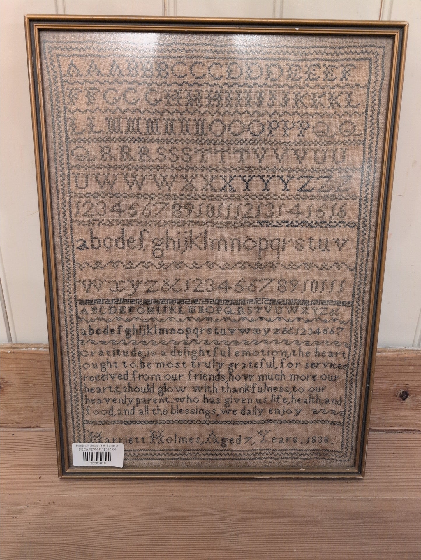 Harriett Holmes 1838 Sampler