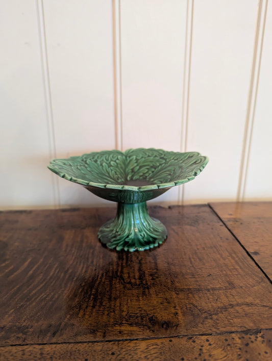 Small Green Majolica Pedestal Dish