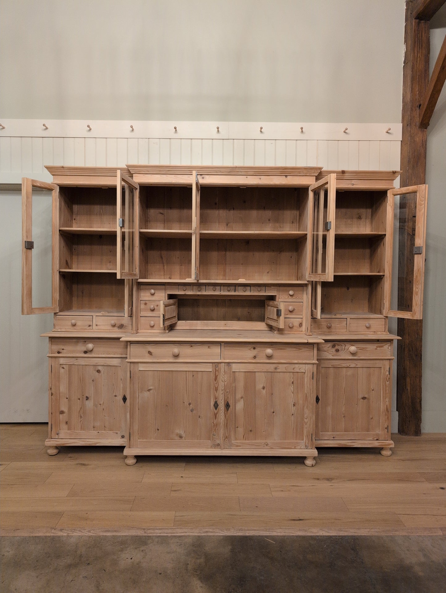 Stately Dutch Stripped Pine Breakfront