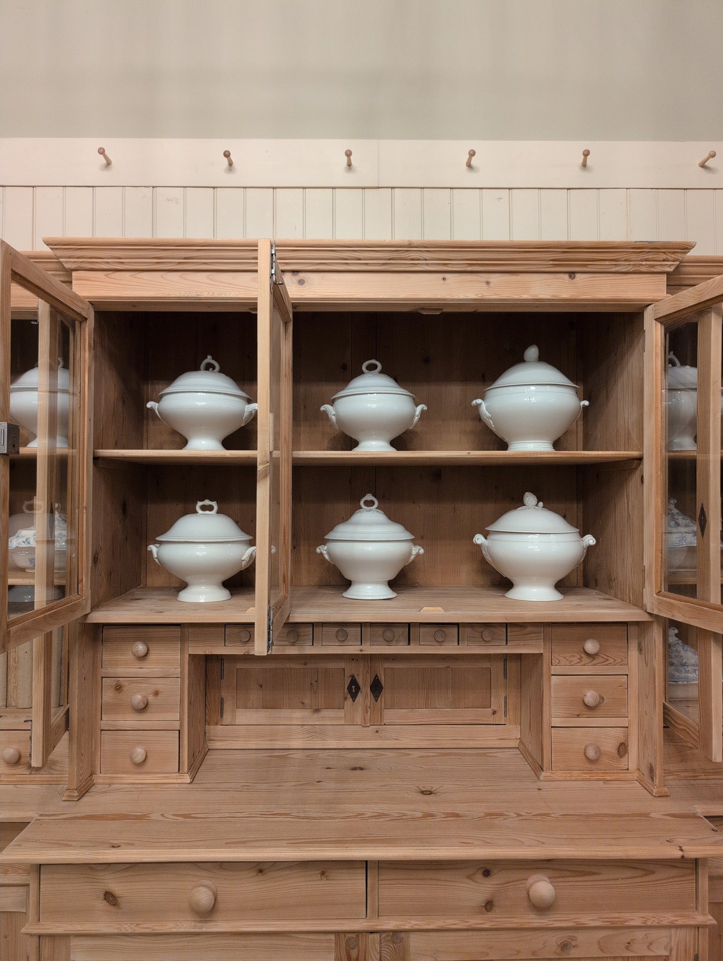 Stately Dutch Stripped Pine Breakfront