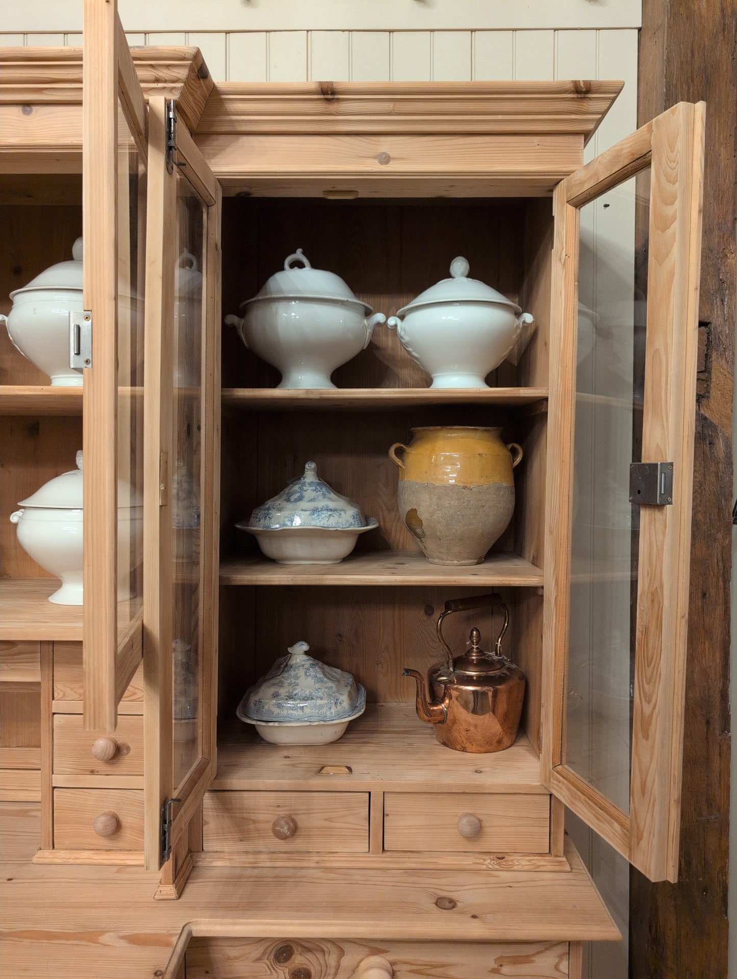 Stately Dutch Stripped Pine Breakfront