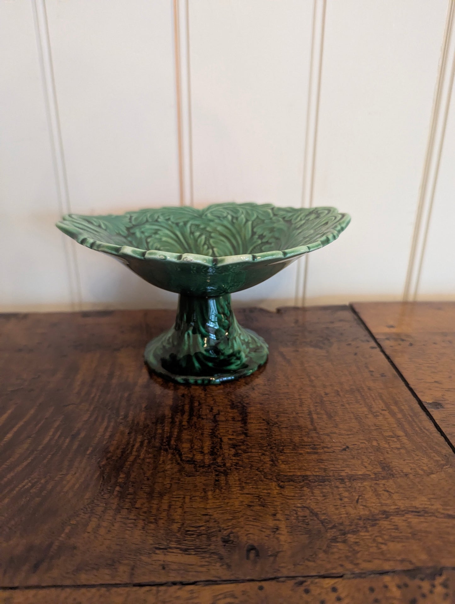 Small Green Majolica Pedestal Dish