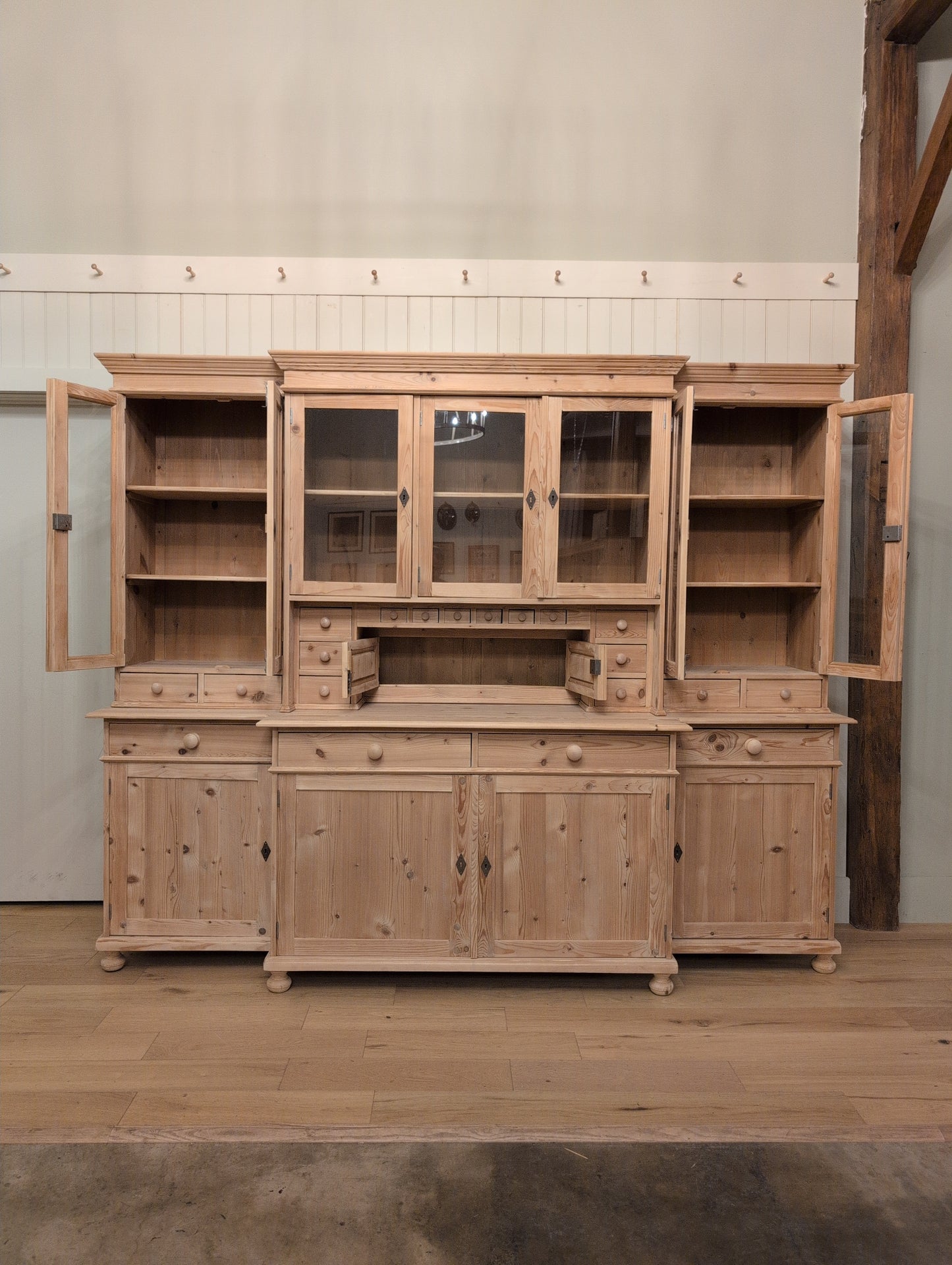 Stately Dutch Stripped Pine Breakfront