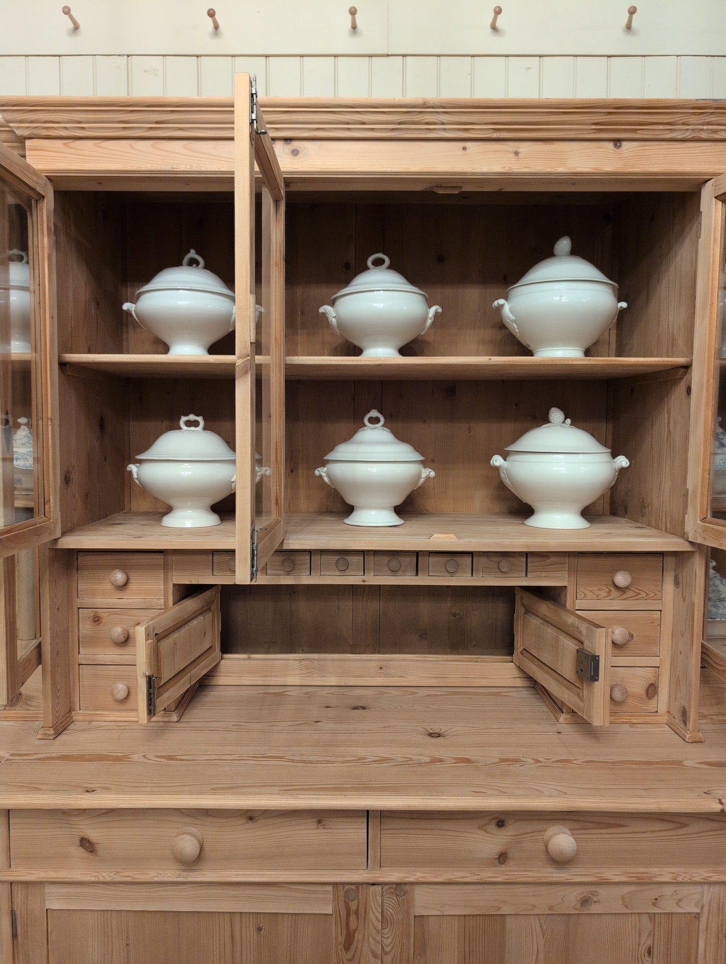 Stately Dutch Stripped Pine Breakfront